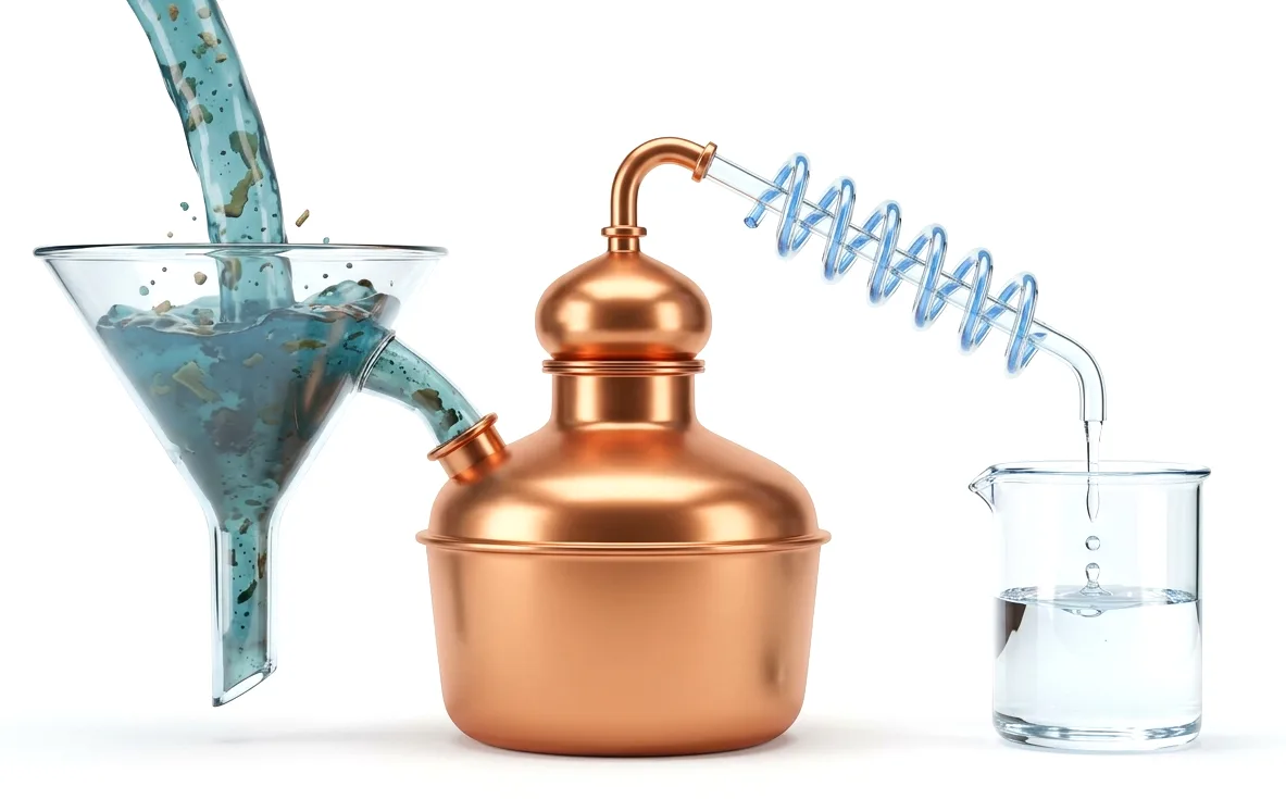 Murky blue-green liquid pours into a copper still; crystal-clear drops fall into a beaker